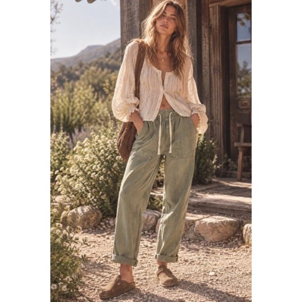 GAP Denim Pull On Barrel Pants Womens Medium Olive Green Cotton Lyocell Relaxed